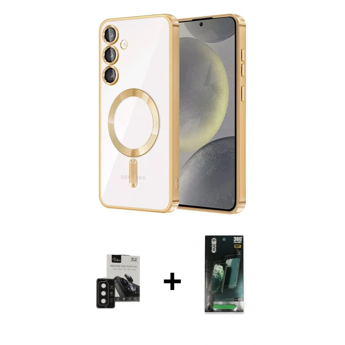 MARSİLYAN™- Galaxy S24 Kılıf Nova Işık Özel Seri - Şeffaf 360 Full Body Arka Koruyucu + PVD Metal Kamera Lens - SH