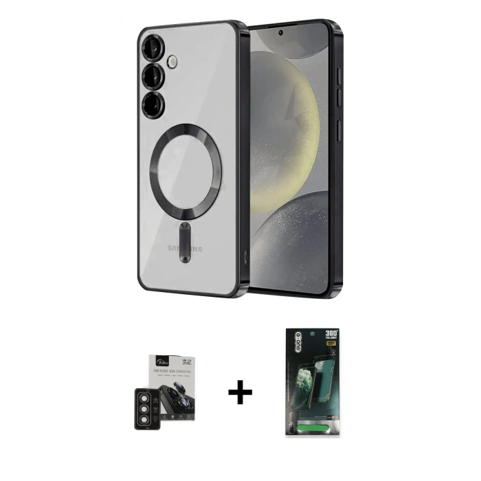 MARSİLYAN™- Galaxy S24 Kılıf Nova Işık Özel Seri - Şeffaf 360 Full Body Arka Koruyucu + PVD Metal Kamera Lens - TNGI