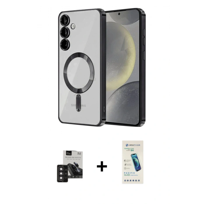 MARSİLYAN™- Galaxy S24 Kılıf Nova Işık Özel Seri - Şeffaf Pasifik Cam Ekran Koruyucu + PVD Metal Kamera Lens - DNMR