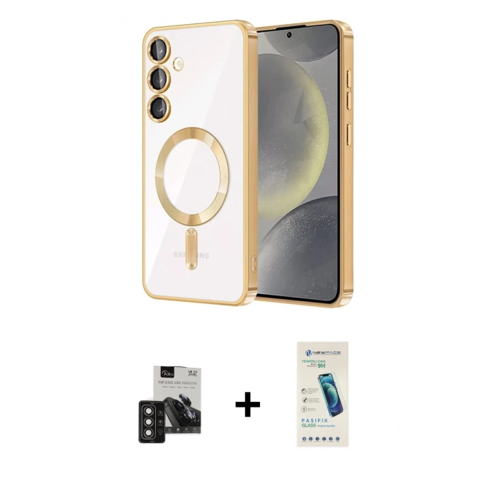 MARSİLYAN™- Galaxy S24 Kılıf Nova Işık Özel Seri - Şeffaf Pasifik Cam Ekran Koruyucu + PVD Metal Kamera Lens - DNMR