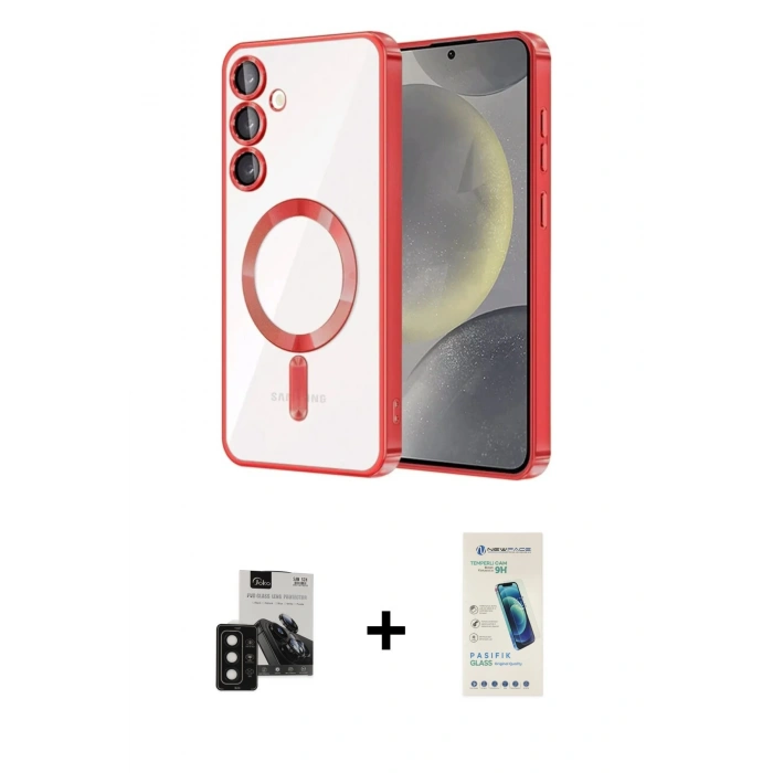 MARSİLYAN™- Galaxy S24 Kılıf Nova Işık Özel Seri - Şeffaf Pasifik Cam Ekran Koruyucu + PVD Metal Kamera Lens - SH