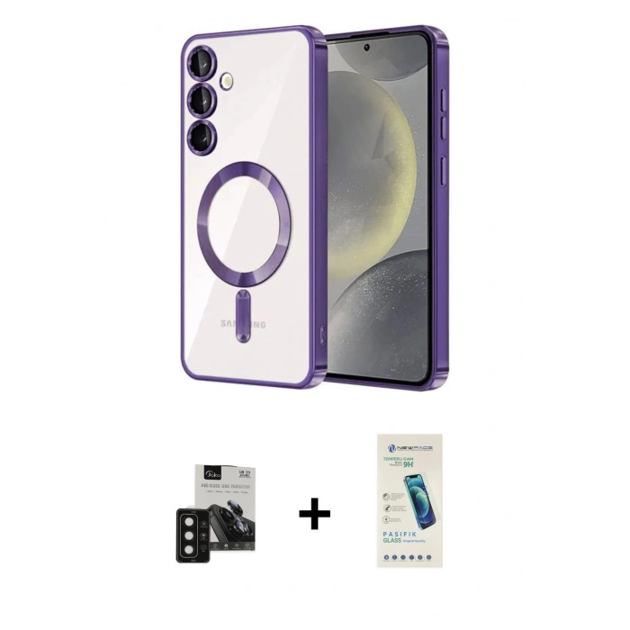 MARSİLYAN™- Galaxy S24 Kılıf Nova Işık Özel Seri - Şeffaf Pasifik Cam Ekran Koruyucu + PVD Metal Kamera Lens - SH