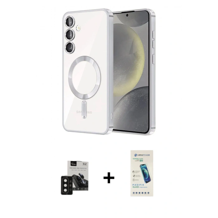 MARSİLYAN™- Galaxy S24 Kılıf Nova Işık Özel Seri - Şeffaf Pasifik Cam Ekran Koruyucu + PVD Metal Kamera Lens - SH
