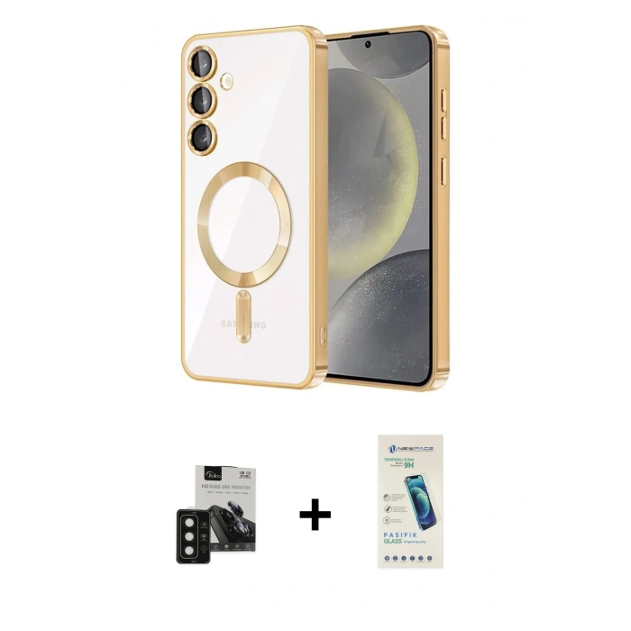 MARSİLYAN™- Galaxy S24 Kılıf Nova Işık Özel Seri - Şeffaf Pasifik Cam Ekran Koruyucu + PVD Metal Kamera Lens - SH