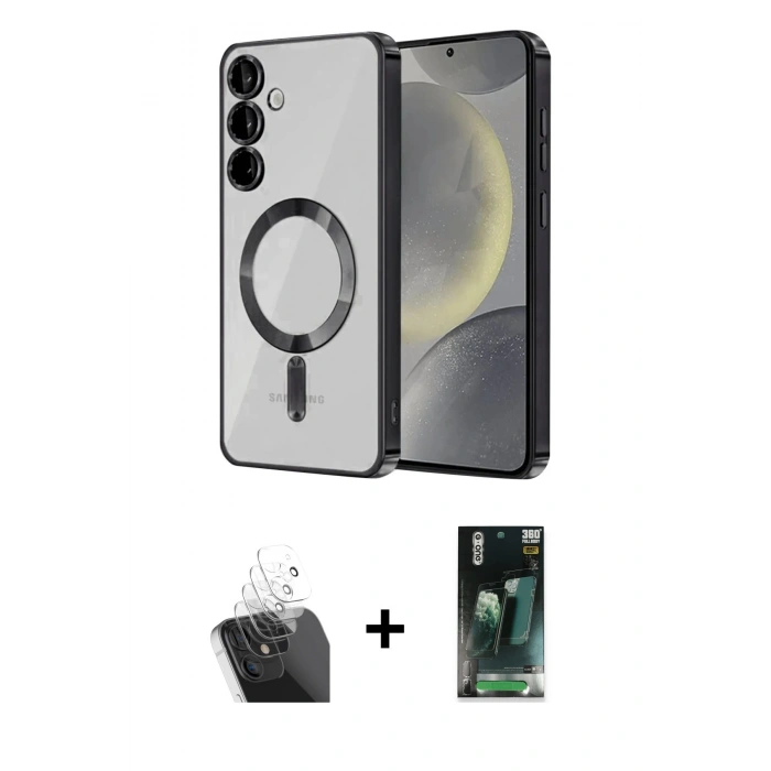 MARSİLYAN™- Galaxy S24 Kılıf Nova Işık Özel Seri - Siyah 360 Mat Full Body Arka Koruyucu + Kamera Lens Koruma Cam - SF