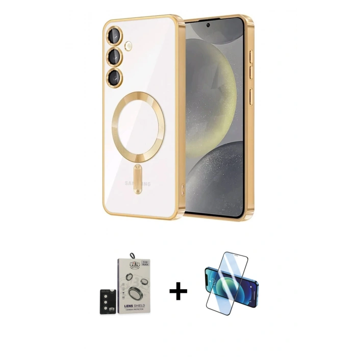MARSİLYAN™- Galaxy S24 Kılıf Nova Işık Özel Seri - Siyah 3D Antistatik Cam Ekran Koruyucu + Bilvis Titan Kamera Lens - SH