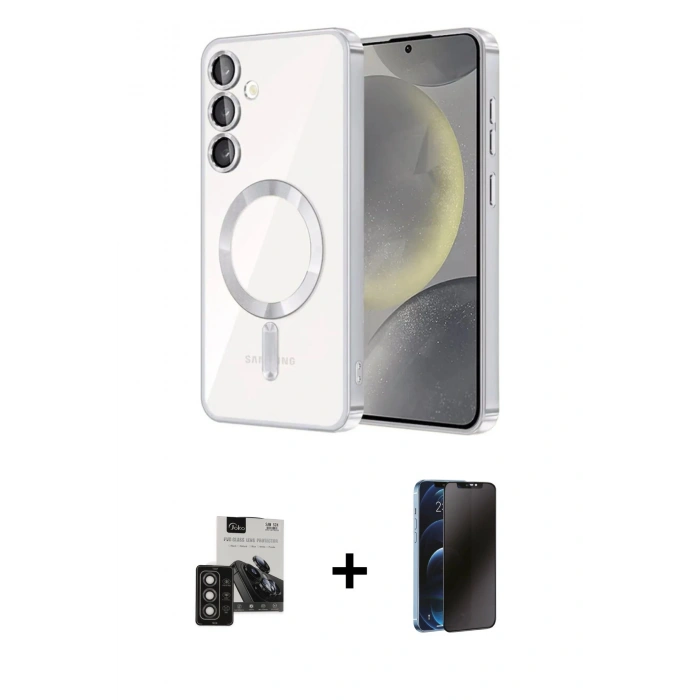 MARSİLYAN™- Galaxy S24 Kılıf Nova Işık Özel Seri - Siyah 3D Antistatik Hayalet Cam Ekran Koruyucu + PVD Metal Kamera Lens - TNGI