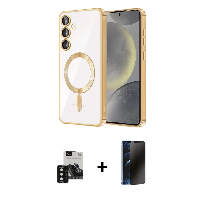 MARSİLYAN™- Galaxy S24 Kılıf Nova Işık Özel Seri - Siyah 3D Antistatik Hayalet Cam Ekran Koruyucu + PVD Metal Kamera Lens - SH