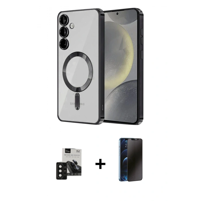 MARSİLYAN™- Galaxy S24 Kılıf Nova Işık Özel Seri - Siyah 3D Antistatik Hayalet Cam Ekran Koruyucu + PVD Metal Kamera Lens - SH
