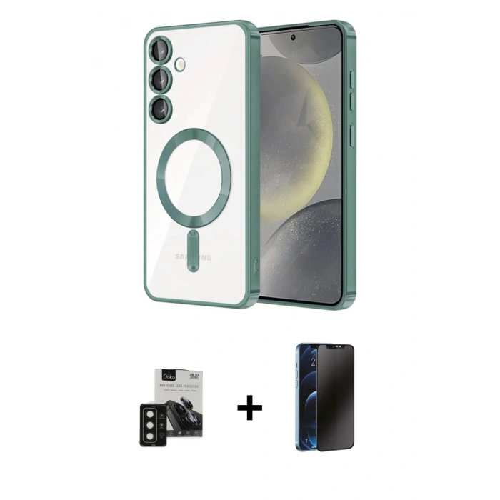 MARSİLYAN™- Galaxy S24 Kılıf Nova Işık Özel Seri - Siyah 3D Antistatik Hayalet Cam Ekran Koruyucu + PVD Metal Kamera Lens - SH