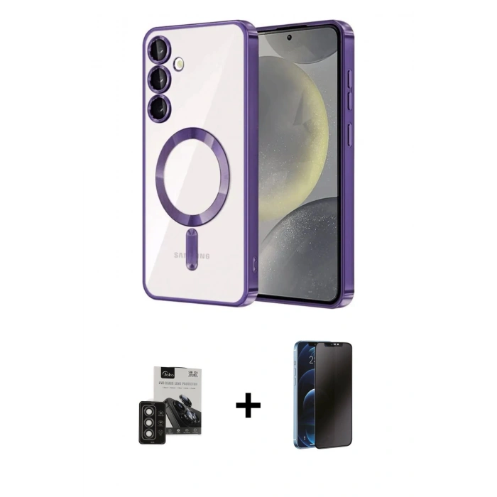 MARSİLYAN™- Galaxy S24 Kılıf Nova Işık Özel Seri - Siyah 3D Antistatik Hayalet Cam Ekran Koruyucu + PVD Metal Kamera Lens - TNGI