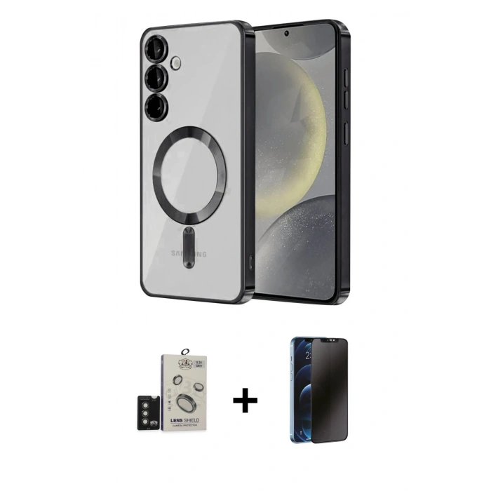 MARSİLYAN™- Galaxy S24 Kılıf Nova Işık Özel Seri - Siyah 3D Antistatik Hayalet Cam Ekran Koruyucu + Bilvis Titan Kamera Lens - TMGI