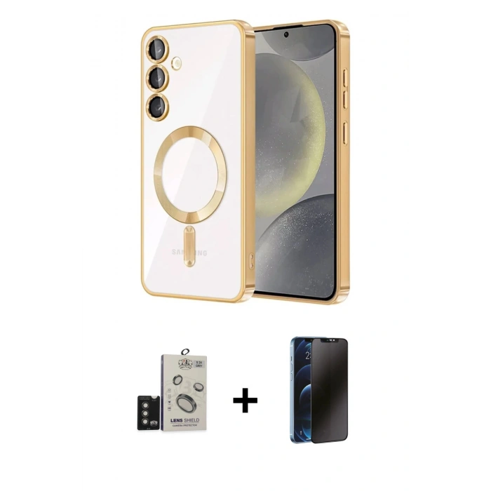 MARSİLYAN™- Galaxy S24 Kılıf Nova Işık Özel Seri - Siyah 3D Antistatik Hayalet Cam Ekran Koruyucu + Bilvis Titan Kamera Lens - TMGI
