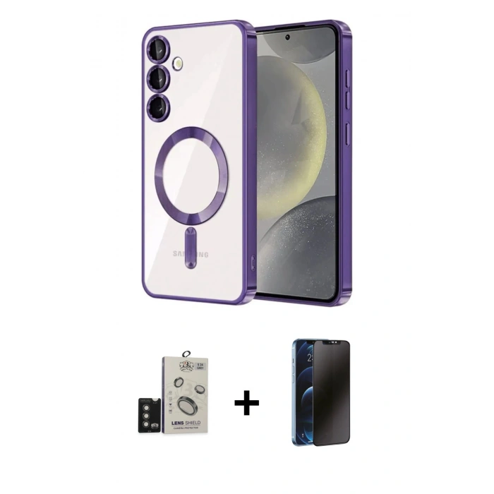 MARSİLYAN™- Galaxy S24 Kılıf Nova Işık Özel Seri - Siyah 3D Antistatik Hayalet Cam Ekran Koruyucu + Bilvis Titan Kamera Lens - TMGI