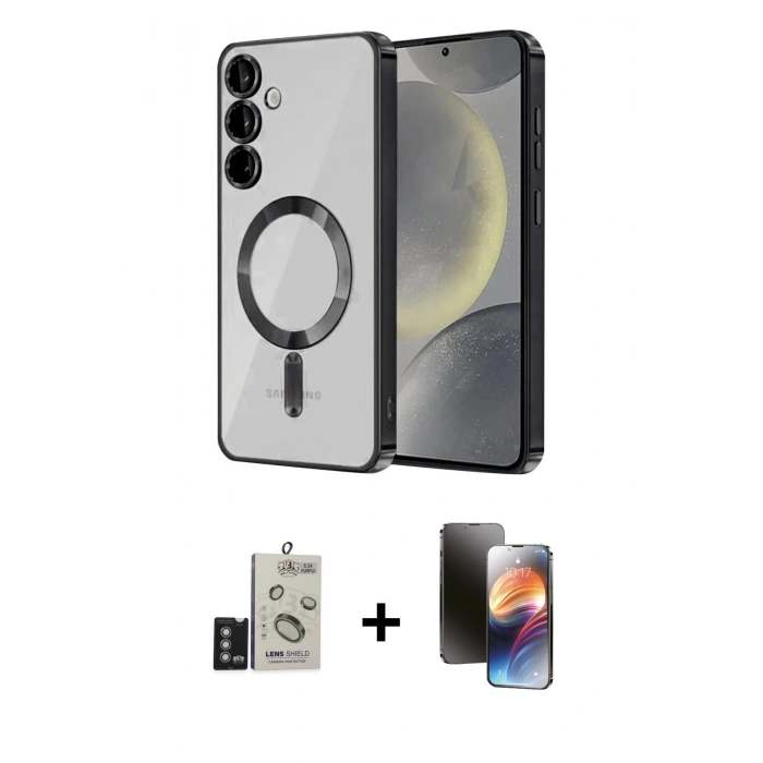 MARSİLYAN™- Galaxy S24 Kılıf Nova Işık Özel Seri - Siyah 3D Antistatik Mat Seramik Nano Ekran Koruyucu + Bilvis Titan Kamera Lens - DNMR