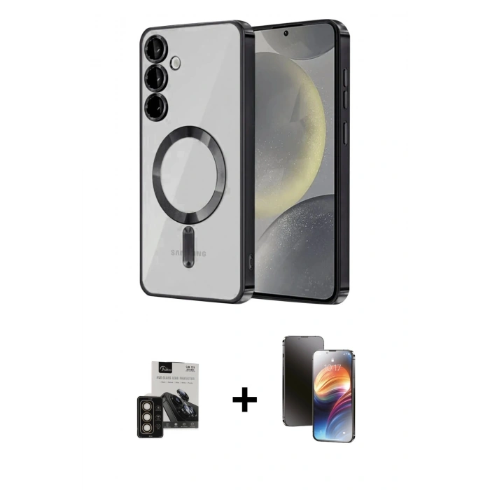 MARSİLYAN™- Galaxy S24 Kılıf Nova Işık Özel Seri - Siyah 3D Antistatik Mat Seramik Nano Ekran Koruyucu + PVD Metal Kamera Lens - GD