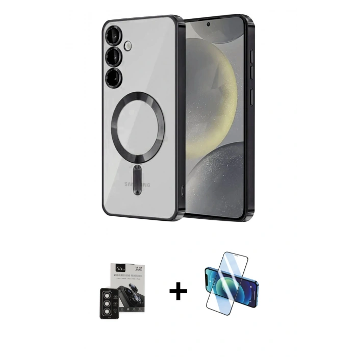 MARSİLYAN™- Galaxy S24 Kılıf Nova Işık Özel Seri - Siyah 3D Antistatik Seramik Nano Ekran Koruyucu + PVD Metal Kamera Lens - TNGI