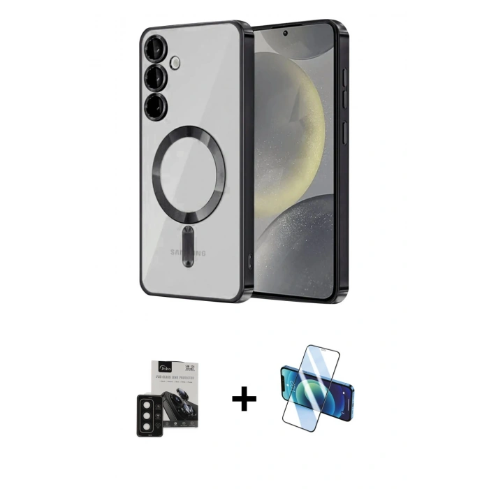 MARSİLYAN™- Galaxy S24 Kılıf Nova Işık Özel Seri - Siyah 3D Antistatik Seramik Nano Ekran Koruyucu + PVD Metal Kamera Lens - SH