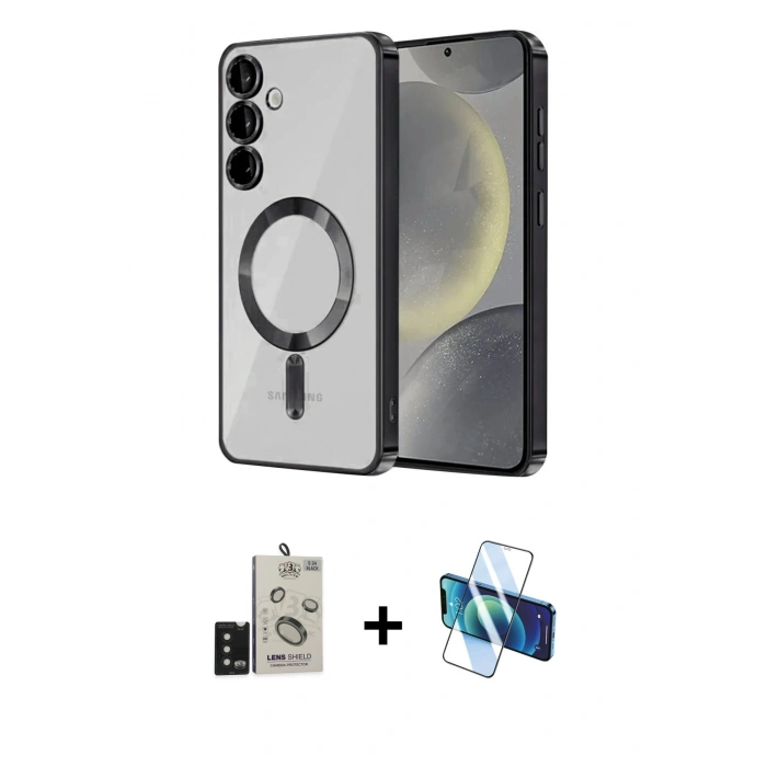 MARSİLYAN™- Galaxy S24 Kılıf Nova Işık Özel Seri - Siyah 3D Antistatik Seramik Nano Ekran Koruyucu + Bilvis Titan Kamera Lens - SH