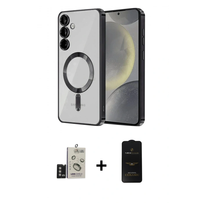 MARSİLYAN™- Galaxy S24 Kılıf Nova Işık Özel Seri - Siyah 6D Antistatik Mat Seramik Hayalet Nano Ekran Koruyucu + Derin Mor Bilvis Titan Kamera Lens