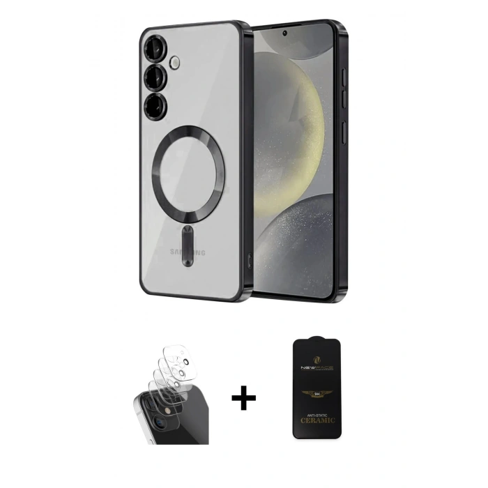 MARSİLYAN™- Galaxy S24 Kılıf Nova Işık Özel Seri - Siyah 6D Antistatik Mat Seramik Hayalet Nano Ekran Koruyucu + Kamera Lens Koruma Cam - SF