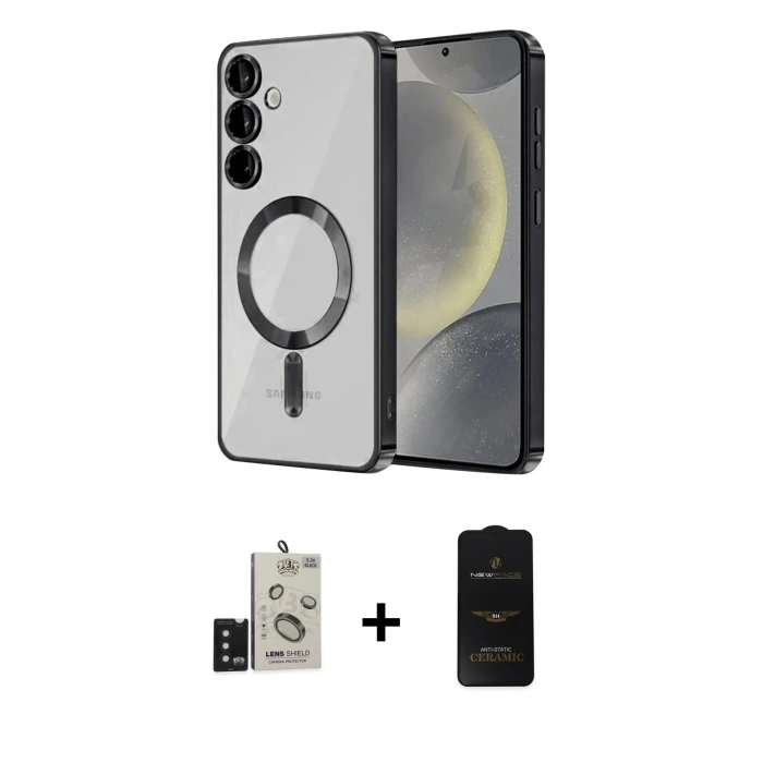MARSİLYAN™- Galaxy S24 Kılıf Nova Işık Özel Seri - Siyah 6D Antistatik Mat Seramik Hayalet Nano Ekran Koruyucu + Bilvis Titan Kamera Lens - SH