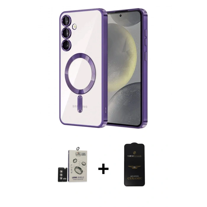 MARSİLYAN™- Galaxy S24 Kılıf Nova Işık Özel Seri - Siyah 6D Antistatik Mat Seramik Hayalet Nano Ekran Koruyucu + Derin Mor Bilvis Titan Kamera Lens