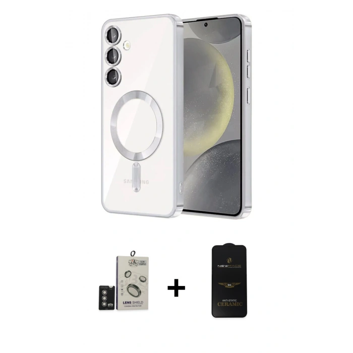 MARSİLYAN™- Galaxy S24 Kılıf Nova Işık Özel Seri - Siyah 6D Antistatik Mat Seramik Hayalet Nano Ekran Koruyucu + Derin Mor Bilvis Titan Kamera Lens