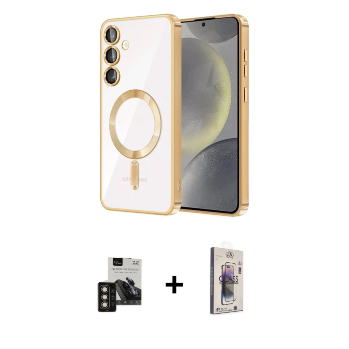 MARSİLYAN™- Galaxy S24 Kılıf Nova Işık Özel Seri - Siyah Bilvis 3D Cam Ekran Koruyucu + PVD Metal Kamera Lens - GD
