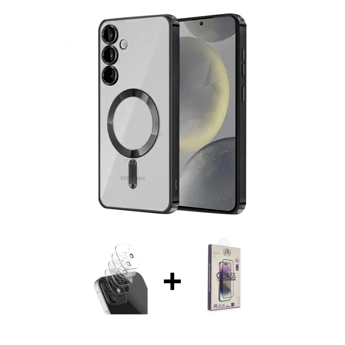 MARSİLYAN™- Galaxy S24 Kılıf Nova Işık Özel Seri - Siyah Bilvis 3D Cam Ekran Koruyucu + Kamera Lens Koruma Cam - SF