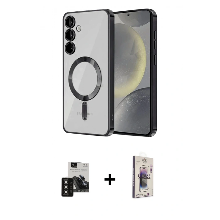 MARSİLYAN™- Galaxy S24 Kılıf Nova Işık Özel Seri - Siyah Bilvis 3D Cam Ekran Koruyucu + PVD Metal Kamera Lens - TNGI