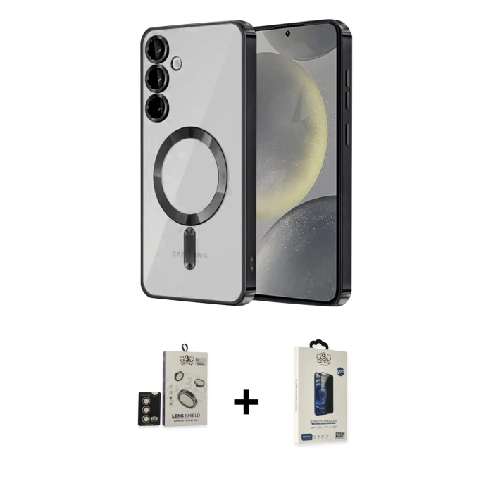MARSİLYAN™- Galaxy S24 Kılıf Nova Işık Özel Seri - Siyah Bilvis Hayalet Cam Ekran Koruyucu + Bilvis Titan Kamera Lens - GD