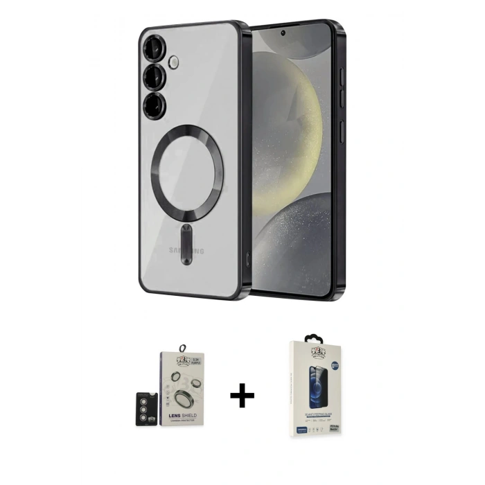 MARSİLYAN™- Galaxy S24 Kılıf Nova Işık Özel Seri - Siyah Bilvis Hayalet Cam Ekran Koruyucu + Bilvis Titan Kamera Lens - DNMR