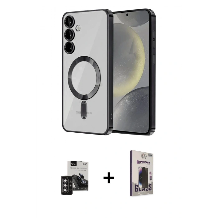 MARSİLYAN™- Galaxy S24 Kılıf Nova Işık Özel Seri - Siyah Bilvis Hayalet Cam Ekran Koruyucu + PVD Metal Kamera Lens - DNMR