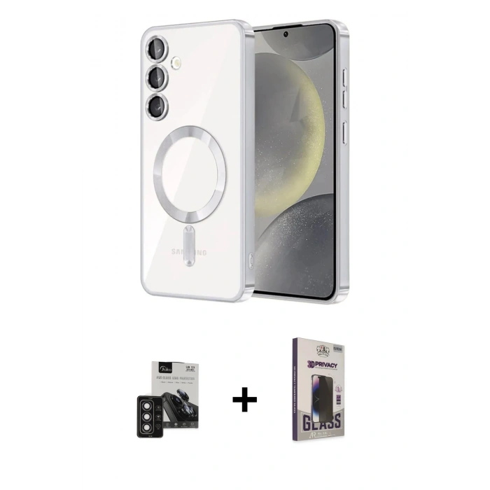 MARSİLYAN™- Galaxy S24 Kılıf Nova Işık Özel Seri - Siyah Bilvis Hayalet Cam Ekran Koruyucu + PVD Metal Kamera Lens - DNMR