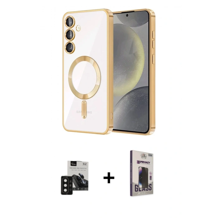 MARSİLYAN™- Galaxy S24 Kılıf Nova Işık Özel Seri - Siyah Bilvis Hayalet Cam Ekran Koruyucu + PVD Metal Kamera Lens - SH