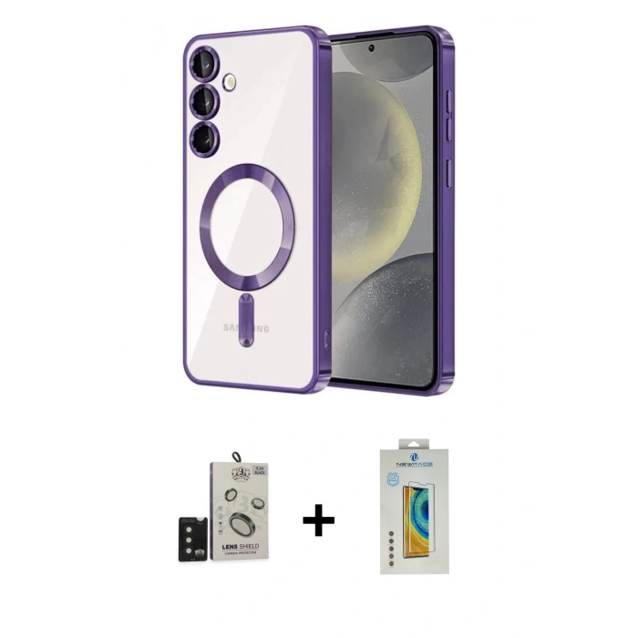 MARSİLYAN™- Galaxy S24 Kılıf Nova Işık Özel Seri - Siyah Polymer Nano Ekran Koruyucu + Bilvis Titan Kamera Lens - SH