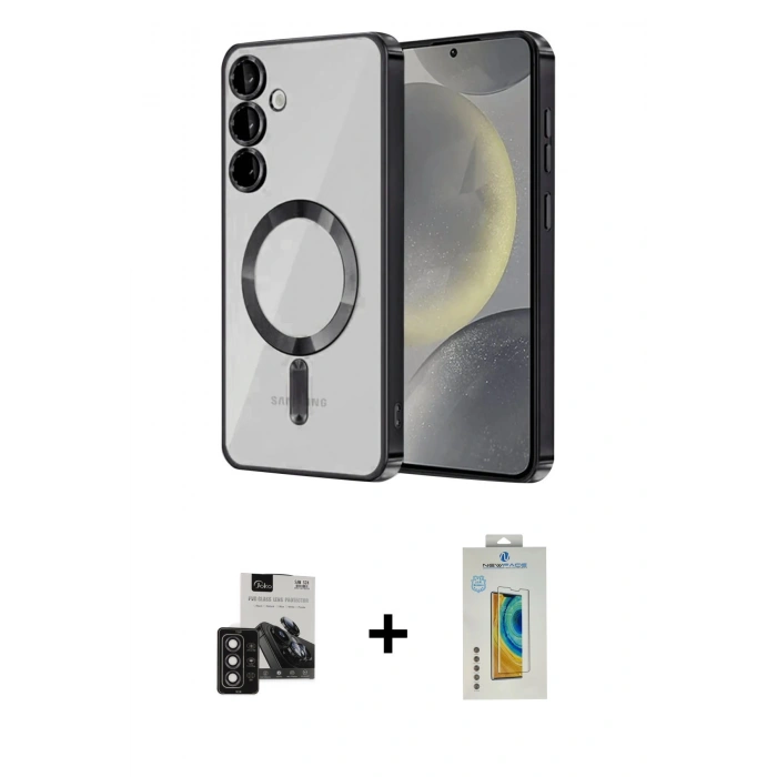 MARSİLYAN™- Galaxy S24 Kılıf Nova Işık Özel Seri - Siyah Polymer Nano Ekran Koruyucu + PVD Metal Kamera Lens - DNMR