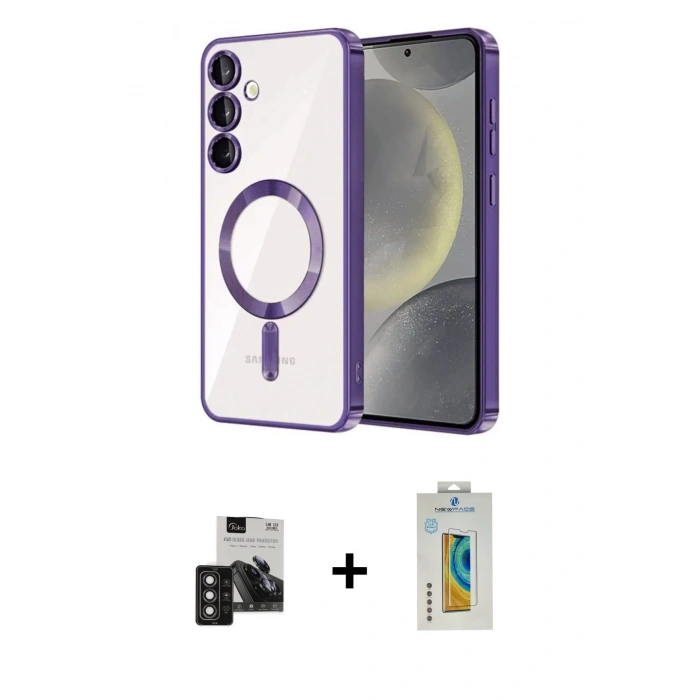 MARSİLYAN™- Galaxy S24 Kılıf Nova Işık Özel Seri - Siyah Polymer Nano Ekran Koruyucu + PVD Metal Kamera Lens - DNMR