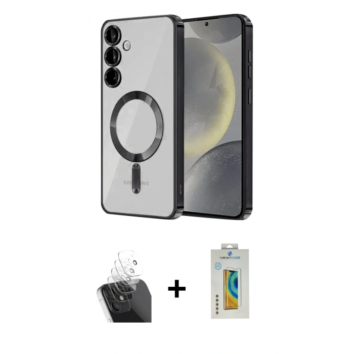 MARSİLYAN™- Galaxy S24 Kılıf Nova Işık Özel Seri - Siyah Polymer Nano Ekran Koruyucu + Kamera Lens Koruma Cam - SF