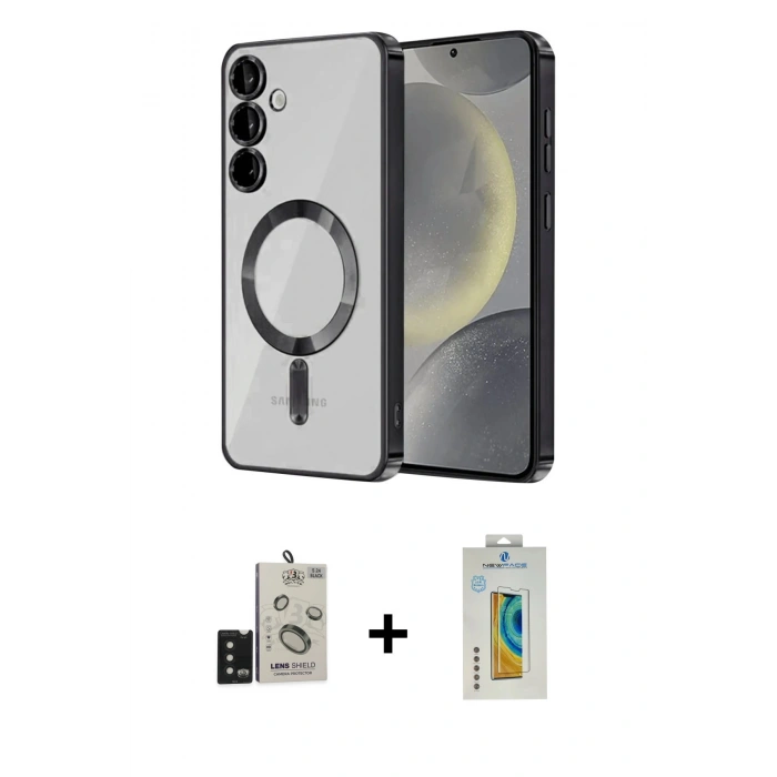 MARSİLYAN™- Galaxy S24 Kılıf Nova Işık Özel Seri - Siyah Polymer Nano Ekran Koruyucu + Bilvis Titan Kamera Lens - SH