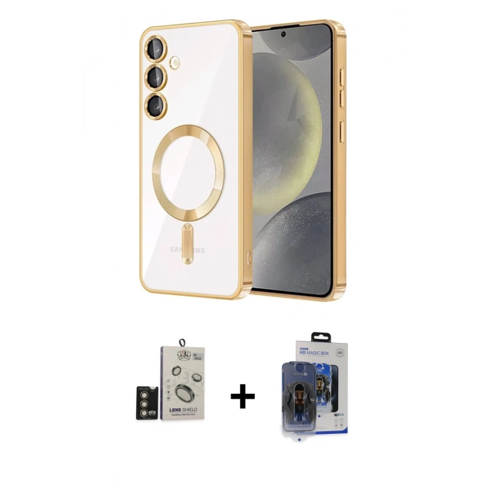 MARSİLYAN™- Galaxy S24 Kılıf Nova Işık Özel Seri - Siyah Vanessa Magic Cam + Gold Bilvis Titan Kamera Lens