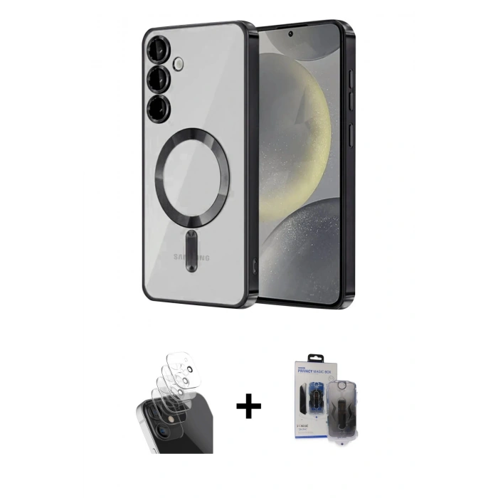 MARSİLYAN™- Galaxy S24 Kılıf Nova Işık Özel Seri - Siyah Vanessa Magic Hayalet Cam + Kamera Lens Koruma Cam - SF