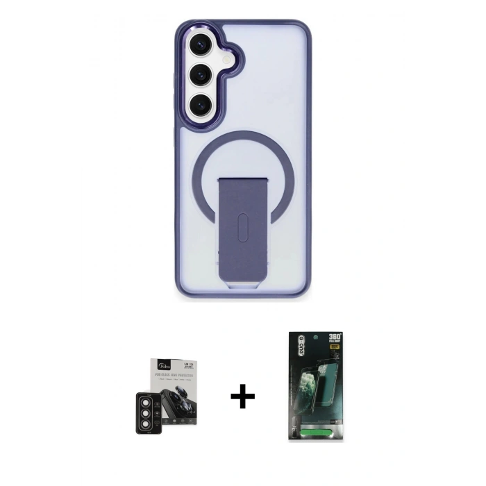 MARSİLYAN™- Galaxy S24 Kılıf Pusula Doku Koleksiyonu - Şeffaf 360 Full Body Arka Koruyucu + Derin Mor PVD Metal Kamera Lens