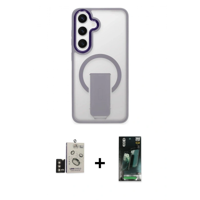 MARSİLYAN™- Galaxy S24 Kılıf Pusula Doku Koleksiyonu - Şeffaf 360 Full Body Arka Koruyucu + Bilvis Titan Kamera Lens - GD