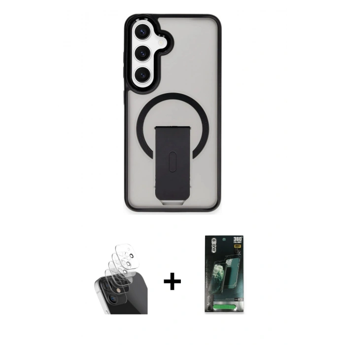 MARSİLYAN™- Galaxy S24 Kılıf Pusula Doku Koleksiyonu - Şeffaf 360 Full Body Arka Koruyucu + Kamera Lens Koruma Cam - SF