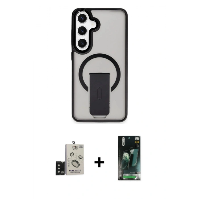 MARSİLYAN™- Galaxy S24 Kılıf Pusula Doku Koleksiyonu - Şeffaf 360 Full Body Arka Koruyucu + Bilvis Titan Kamera Lens - SH