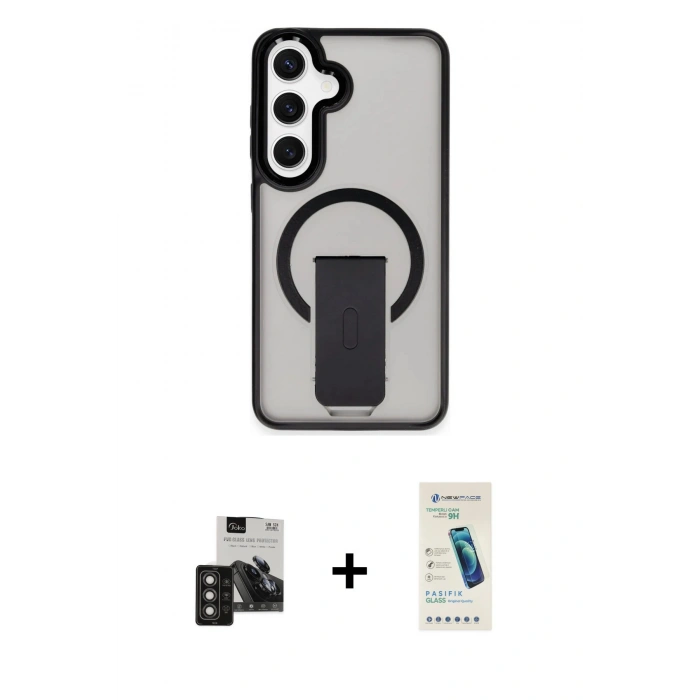 MARSİLYAN™- Galaxy S24 Kılıf Pusula Doku Koleksiyonu - Şeffaf Pasifik Cam Ekran Koruyucu + PVD Metal Kamera Lens - TNGI