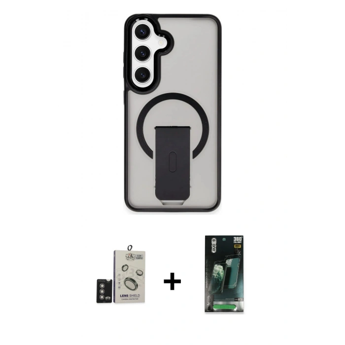 MARSİLYAN™- Galaxy S24 Kılıf Pusula Doku Koleksiyonu - Siyah 360 Mat Full Body Arka Koruyucu + Derin Mor Bilvis Titan Kamera Lens