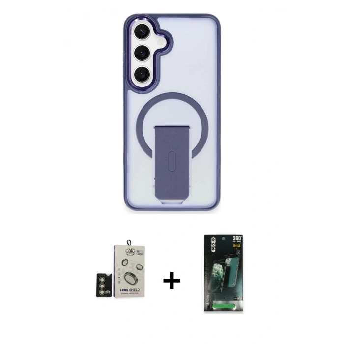 MARSİLYAN™- Galaxy S24 Kılıf Pusula Doku Koleksiyonu - Siyah 360 Mat Full Body Arka Koruyucu + Bilvis Titan Kamera Lens - GD